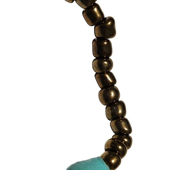 Handcrafted Paper Turquoise Gold Bead Elastic Bracelet Eco Friendly Recycled - Picture 3 of 4